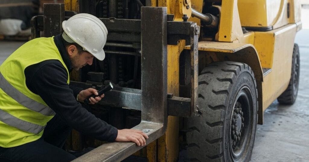 Warehouse operator carrying out a pre-shift inspection on a forklift, clipboard in hand