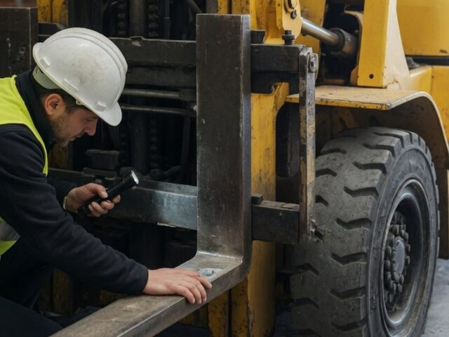 Warehouse operator carrying out a pre-shift inspection on a forklift, clipboard in hand