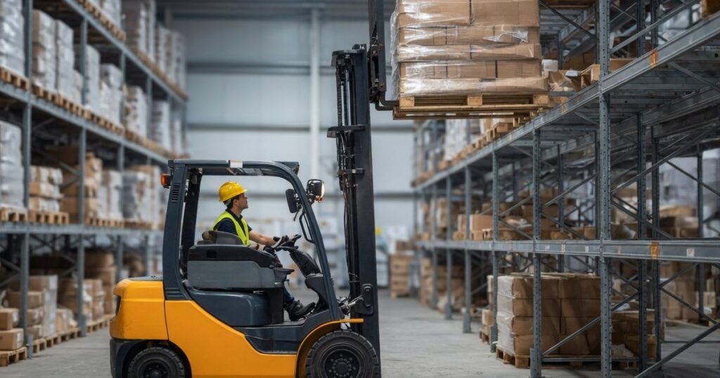 Forklift lifting a pallet high on a warehouse racking bay, viewed from the side