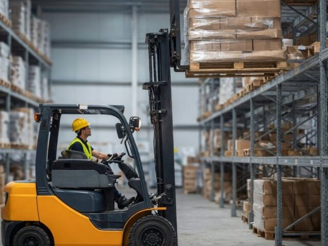 Forklift lifting a pallet high on a warehouse racking bay, viewed from the side