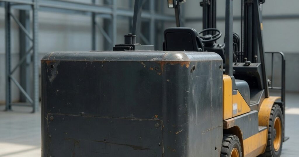 Counterbalance forklift parked on a warehouse floor, seen from the rear so the counterweight fills the frame