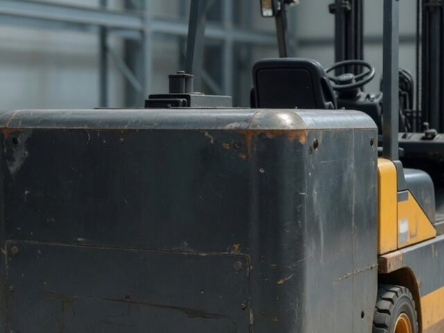 Counterbalance forklift parked on a warehouse floor, seen from the rear so the counterweight fills the frame